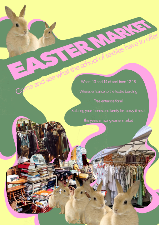 Easter mmarket. Kaniner och bilder från en loppis med kläder hängade på klädstänger.