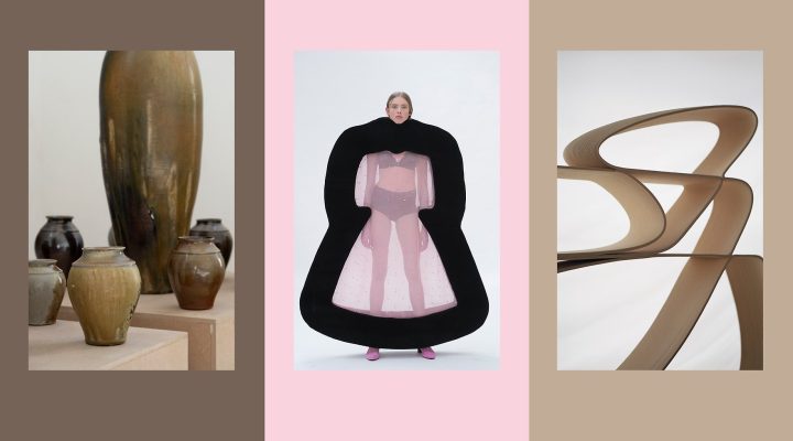 Tre bilder. Krukor i keramik. Kvinna med alternativ klädsel, konturerna av en klänning i svart trä. En sittmöbel i formpressad playwood.