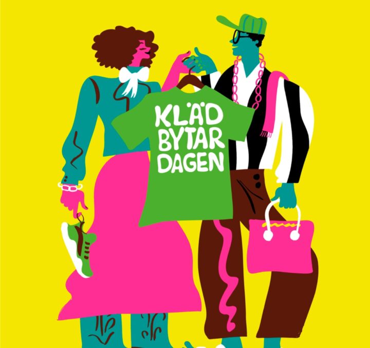 En grafisk bild med två människor som håller i ett grönt klädesplagg med texten "Klädbytardagen".